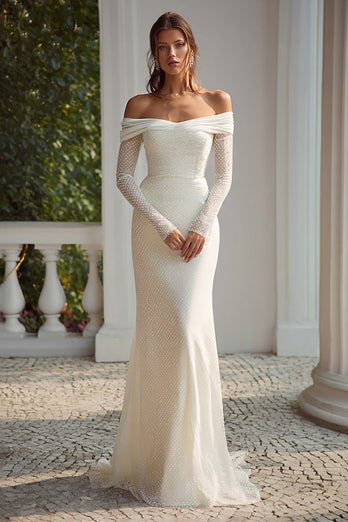 Ivory Mermaid Off the Shoulder Long Sleeves Wedding Dress