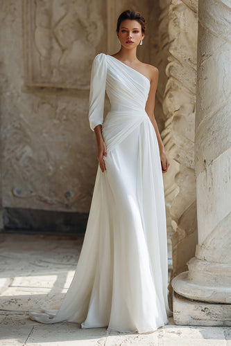 Ivory Chiffon One Shoulder Sweep Train Wedding Dress with Sleeves
