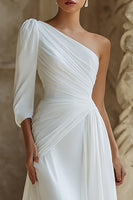 Load image into Gallery viewer, Ivory Chiffon One Shoulder Sweep Train Wedding Dress with Sleeves