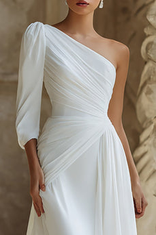 Ivory Chiffon One Shoulder Sweep Train Wedding Dress with Sleeves