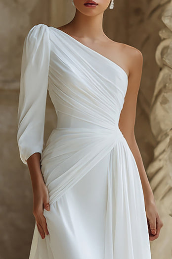 Ivory Chiffon One Shoulder Sweep Train Wedding Dress with Sleeves