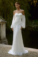 Load image into Gallery viewer, Ivory Chiffon Mermaid Off the Shoulder Sweep Train Wedding Dress with Sleeves