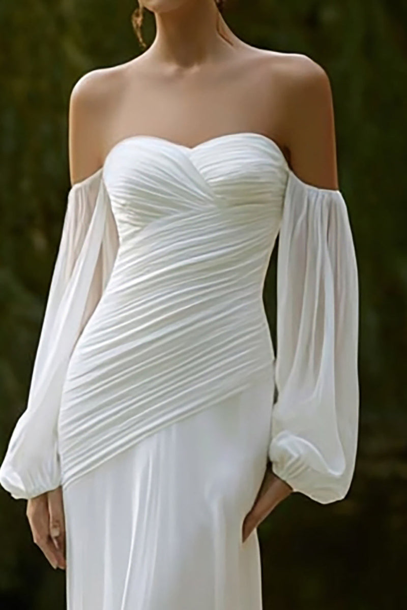 Load image into Gallery viewer, Ivory Chiffon Mermaid Off the Shoulder Sweep Train Wedding Dress with Sleeves