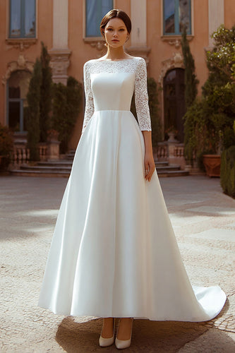 Ivory Satin A Line Boat Neck Sweep Train Wedding Dress with Lace