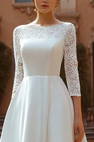 Load image into Gallery viewer, Ivory Satin A Line Boat Neck Sweep Train Wedding Dress with Lace
