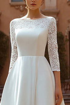 Ivory Satin A Line Boat Neck Sweep Train Wedding Dress with Lace