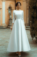 Load image into Gallery viewer, Ivory Satin A Line Boat Neck Long Wedding Dress with Lace