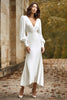 Load image into Gallery viewer, Ivory Sheath V-Neck Satin Long Wedding Dress with Sleeves