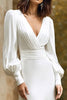 Load image into Gallery viewer, Ivory Sheath V-Neck Satin Long Wedding Dress with Sleeves
