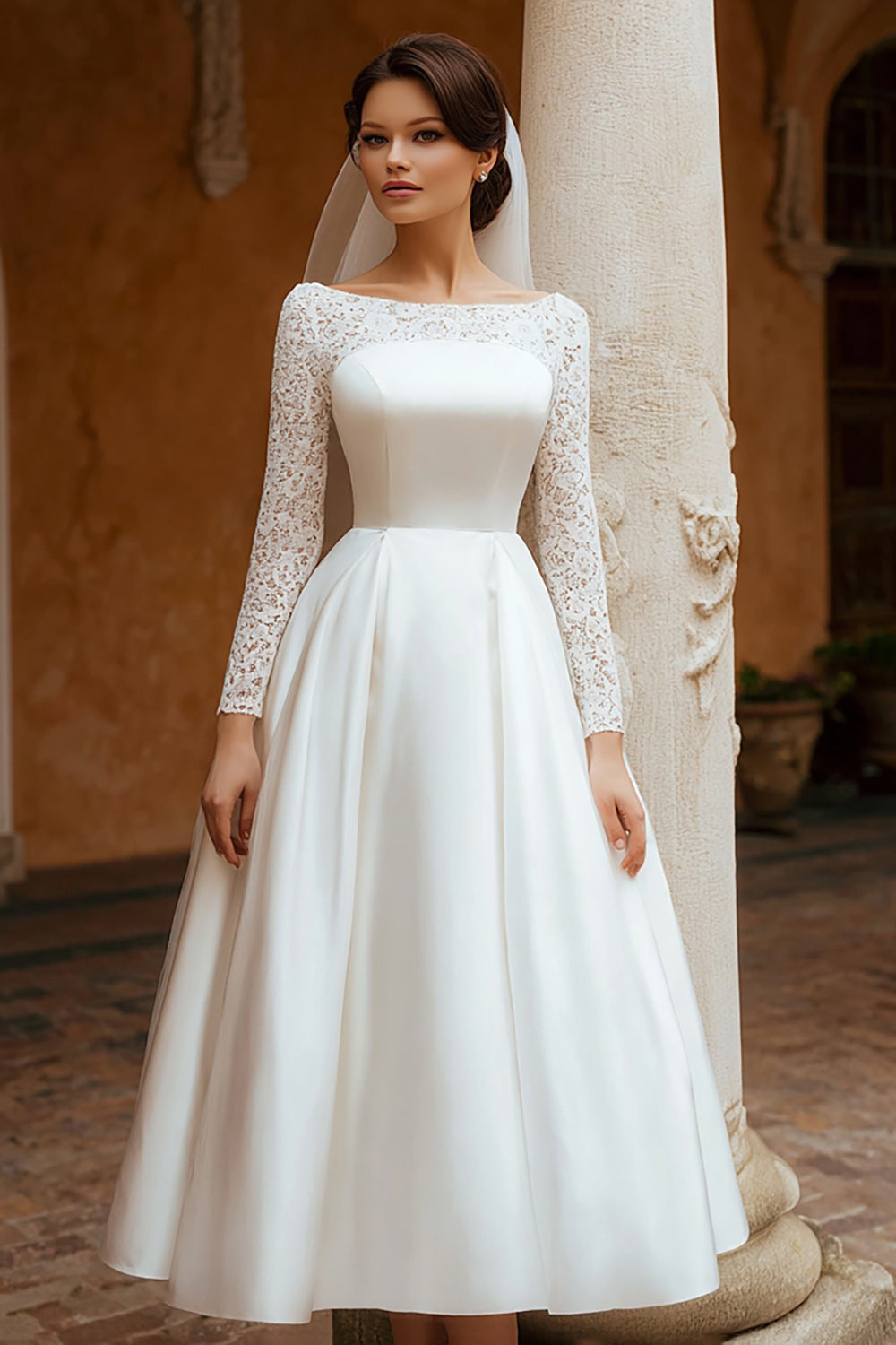 Ivory Satin A Line Boat Neck Wedding Dress with Lace
