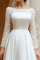 Load image into Gallery viewer, Ivory Satin A Line Boat Neck Wedding Dress with Lace