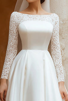Ivory Satin A Line Boat Neck Wedding Dress with Lace
