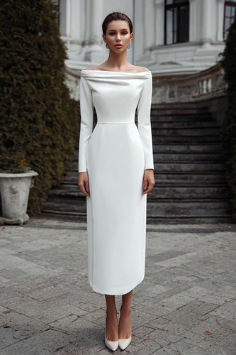 Ivory Satin Sheath Off the Shoulder Long Engagement Dress