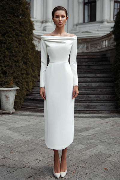 Ivory Satin Sheath Off the Shoulder Long Engagement Dress