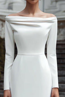 Ivory Satin Sheath Off the Shoulder Long Engagement Dress
