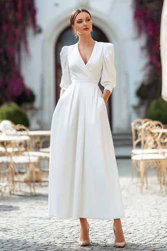 Ivory Satin V-Neck A Line Long Engagement Dress with Pockets