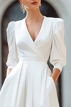 Ivory Satin V-Neck A Line Long Engagement Dress with Pockets