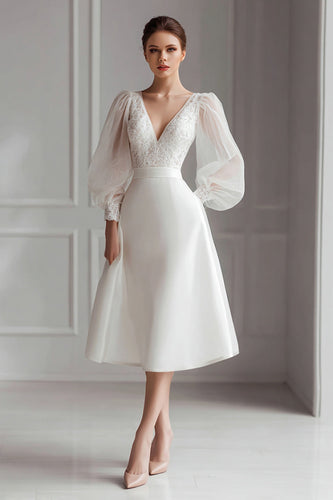 Ivory A Line V-Neck Satin Midi Wedding Dress with Lace