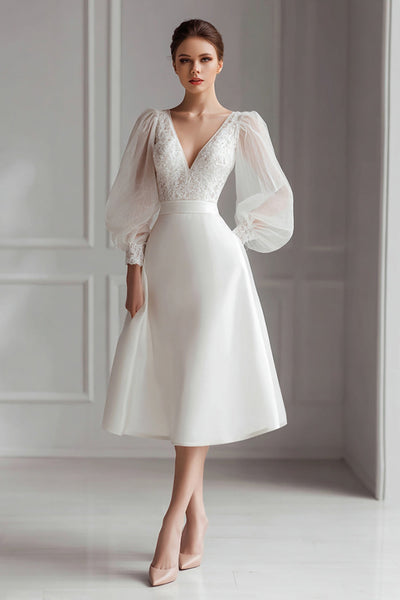 Ivory A Line V-Neck Satin Midi Wedding Dress with Lace