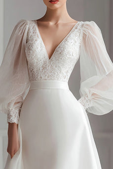 Ivory A Line V-Neck Satin Midi Wedding Dress with Lace