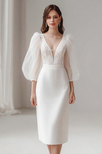 Ivory Satin V-Neck Bodycon Midi Wedding Dress with Lace