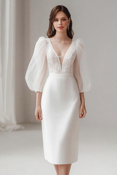 Ivory Satin V-Neck Bodycon Midi Wedding Dress with Lace