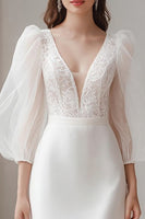 Load image into Gallery viewer, Ivory Satin V-Neck Bodycon Midi Wedding Dress with Lace