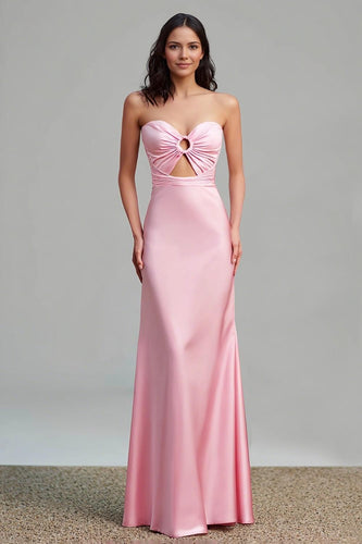 Pink Satin Sheath Ruched Strapless Long Formal Dress with Keyhole