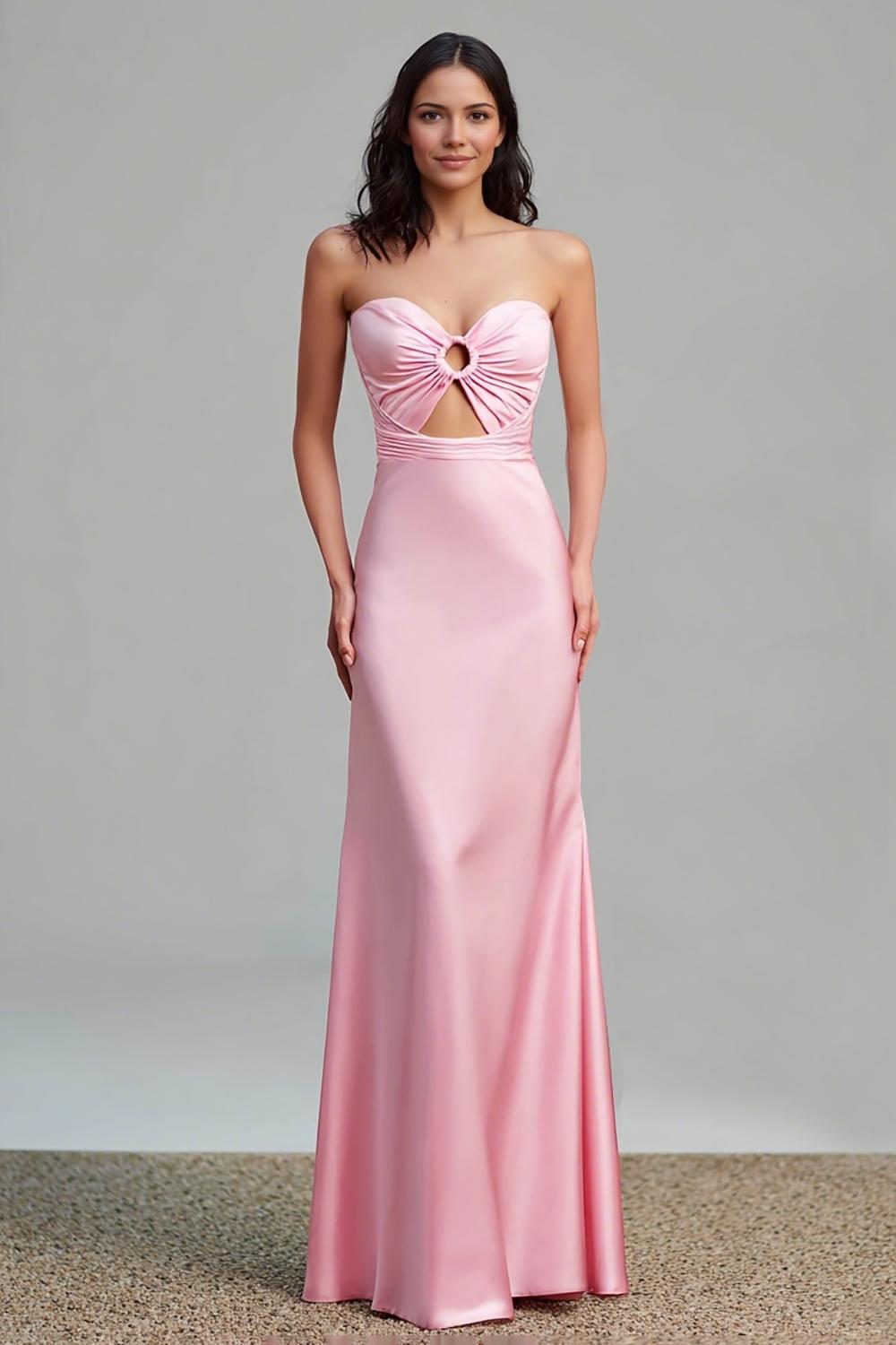 Pink Satin Sheath Ruched Strapless Long Formal Dress with Keyhole