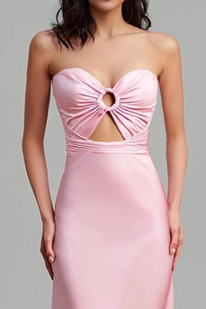 Pink Satin Sheath Ruched Strapless Long Formal Dress with Keyhole