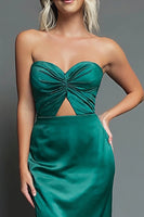 Load image into Gallery viewer, Dark Green Strapless Cut Out Sheath Satin Long Formal Dress