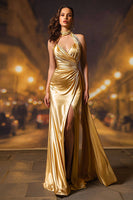 Load image into Gallery viewer, Gold Satin Mermaid Ruched Halter Long Formal Dress with Slit