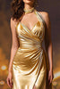 Load image into Gallery viewer, Gold Satin Mermaid Ruched Halter Long Formal Dress with Slit
