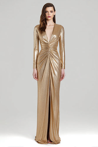 Sparkly Gold Sheath Metallic V-Neck Ruched Long Formal Dress with Slit
