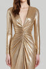 Load image into Gallery viewer, Sparkly Gold Sheath Metallic V-Neck Ruched Long Formal Dress with Slit