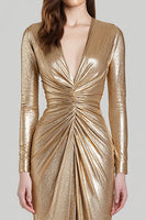 Load image into Gallery viewer, Sparkly Gold Sheath Metallic V-Neck Ruched Long Formal Dress with Slit