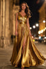Load image into Gallery viewer, Sparkly Gold Metallic Ruched A-Line Pleated Long Formal Dress with Slit