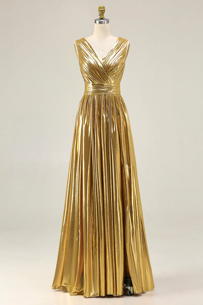 Metallic Gold A-Line Ruched Pleated Long Formal Dress with Slit