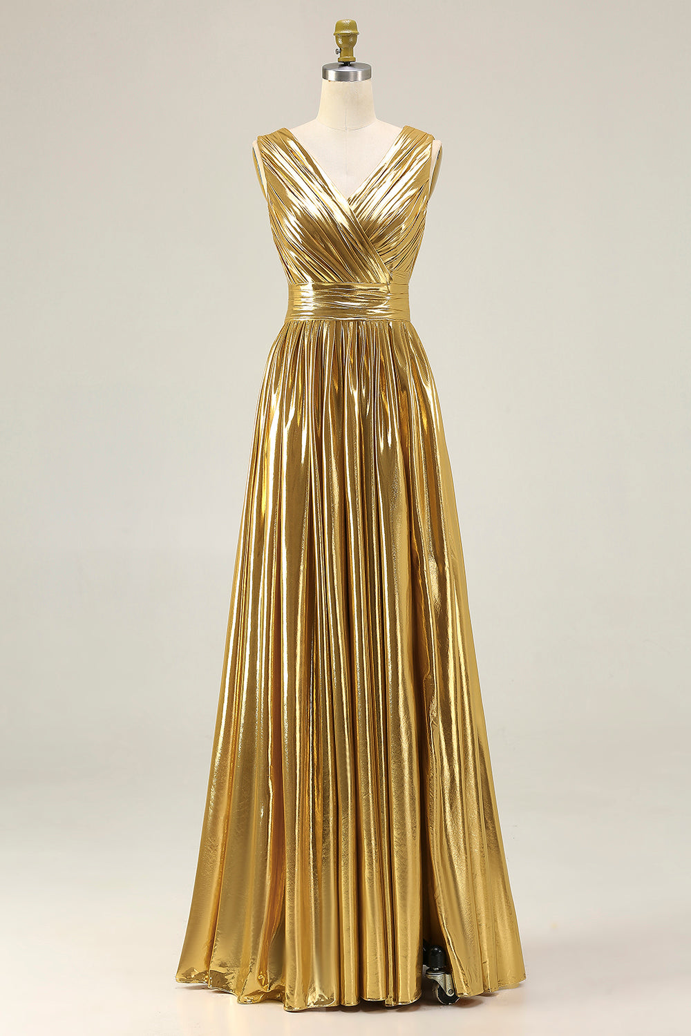 Metallic Gold A-Line Ruched Pleated Long Formal Dress with Slit
