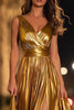 Load image into Gallery viewer, Sparkly Gold Metallic Ruched A-Line Pleated Long Formal Dress with Slit