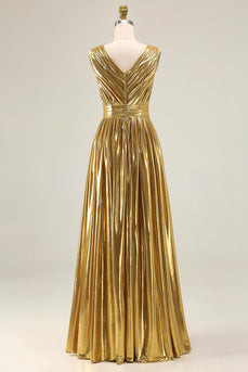Metallic Gold A-Line Ruched Pleated Long Formal Dress with Slit