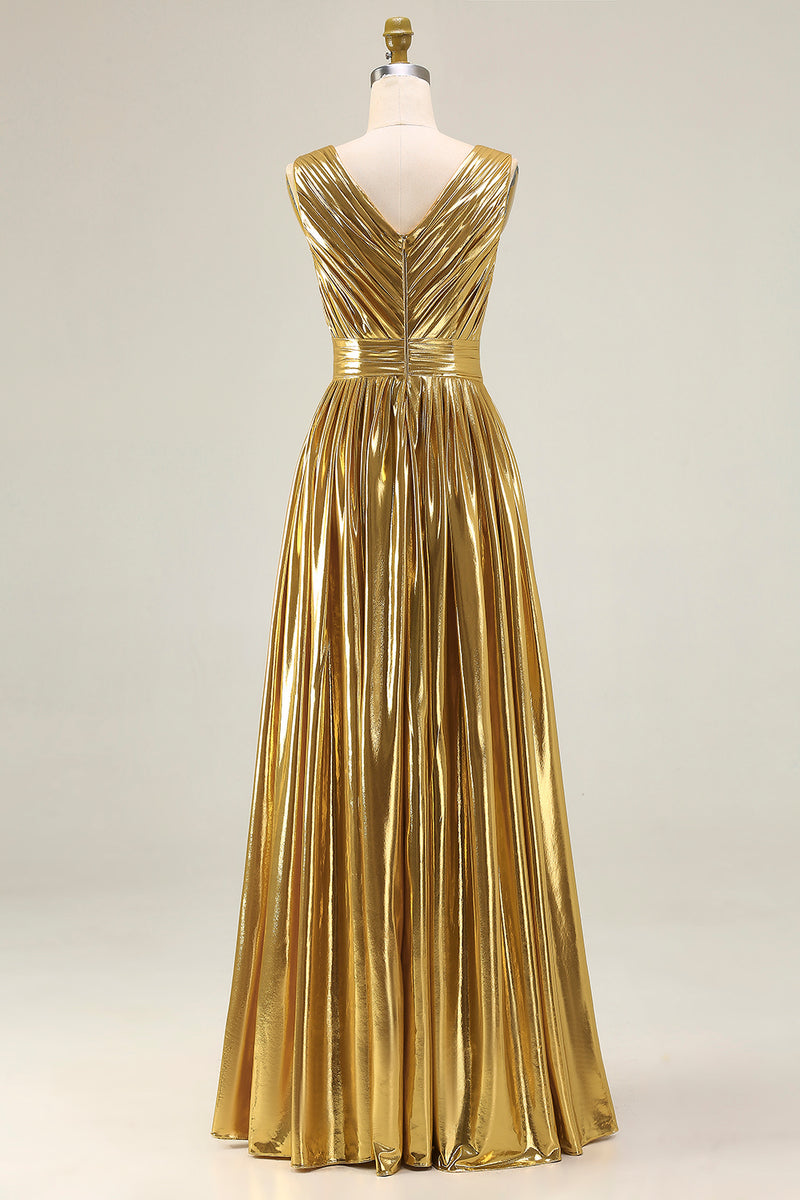 Load image into Gallery viewer, Metallic Gold A-Line Ruched Pleated Long Formal Dress with Slit