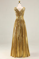 Load image into Gallery viewer, Sparkly Gold A-Line Metallic Ruched Pleated Long Formal Dress with Slit