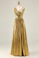 Load image into Gallery viewer, Metallic Gold A-Line Ruched Pleated Long Formal Dress with Slit