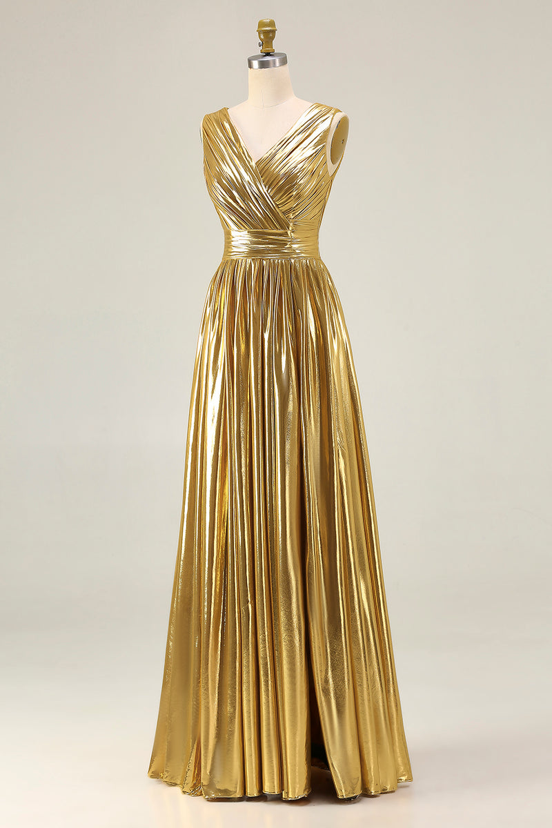 Load image into Gallery viewer, Metallic Gold A-Line Ruched Pleated Long Formal Dress with Slit