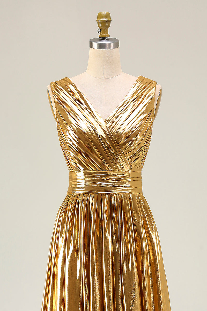 Load image into Gallery viewer, Metallic Gold A-Line Ruched Pleated Long Formal Dress with Slit