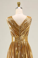 Load image into Gallery viewer, Metallic Gold A-Line Ruched Pleated Long Formal Dress with Slit