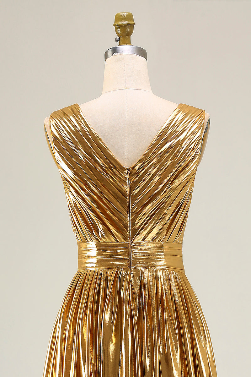 Load image into Gallery viewer, Metallic Gold A-Line Ruched Pleated Long Formal Dress with Slit