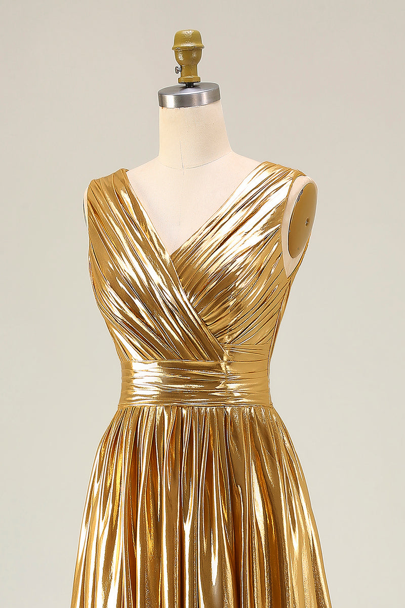 Load image into Gallery viewer, Metallic Gold A-Line Ruched Pleated Long Formal Dress with Slit
