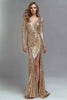 Load image into Gallery viewer, Sparkly Gold Sequins Mermaid Ruched Long Sleeves Formal Dress with Slit